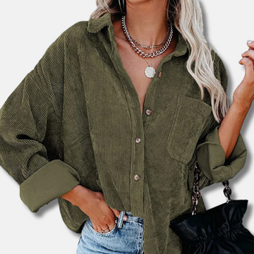 Women’s Corduroy Shirt – Oversized Fit – Button-Up Front – Ribbed Texture – Hip Length