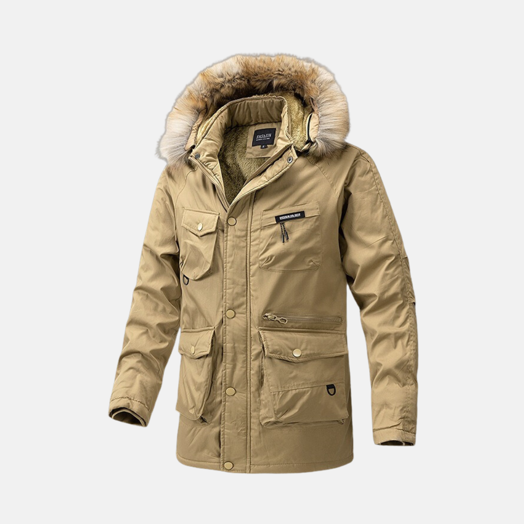 Men’s Parka Jacket – Water-Resistant – Detachable Faux Fur Hood – Utility Pockets – Loose Fit – Mid-Thigh Length
