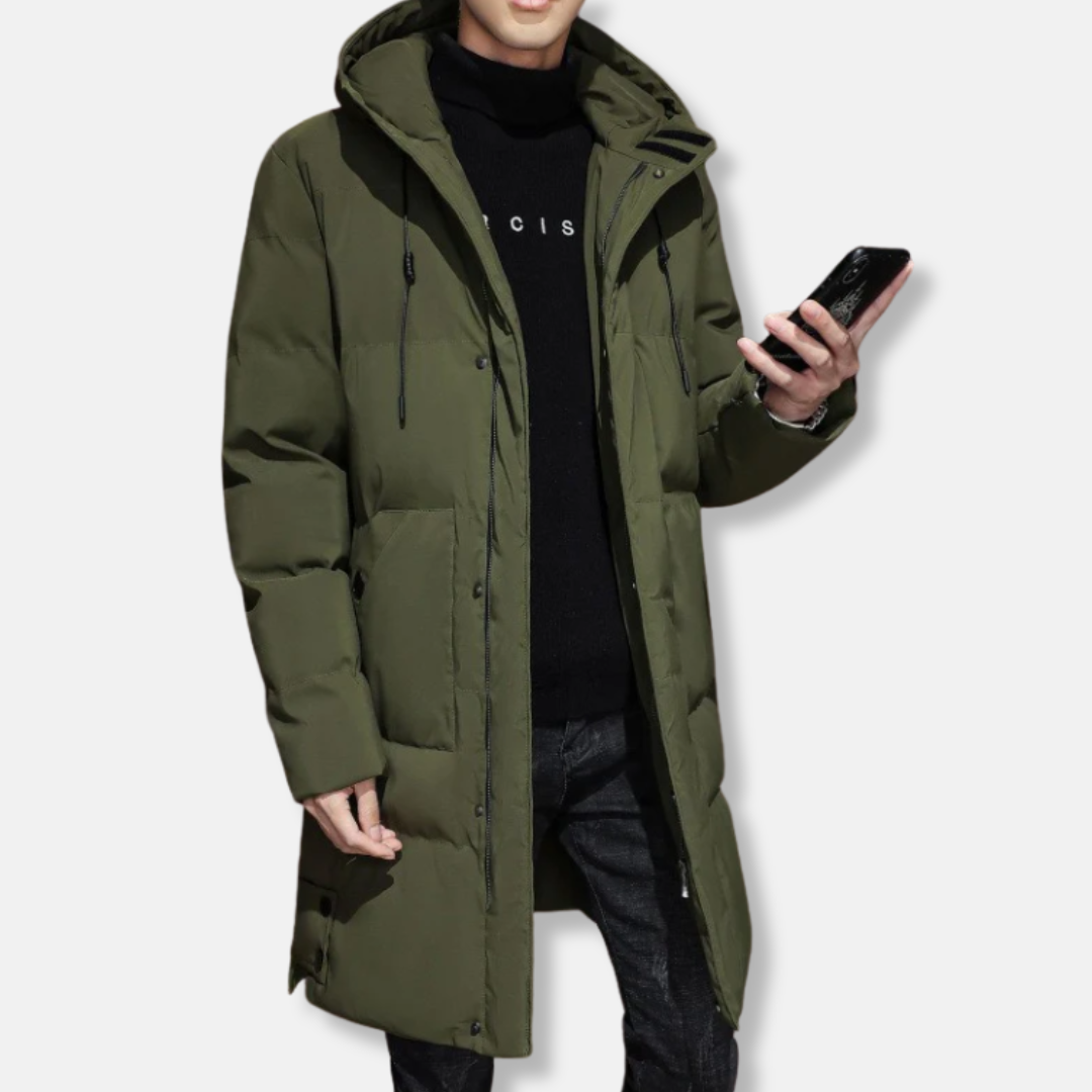 Men’s Long Jacket – Quilted Insulated – Hooded – Regular Fit – Zip and Button Closure
