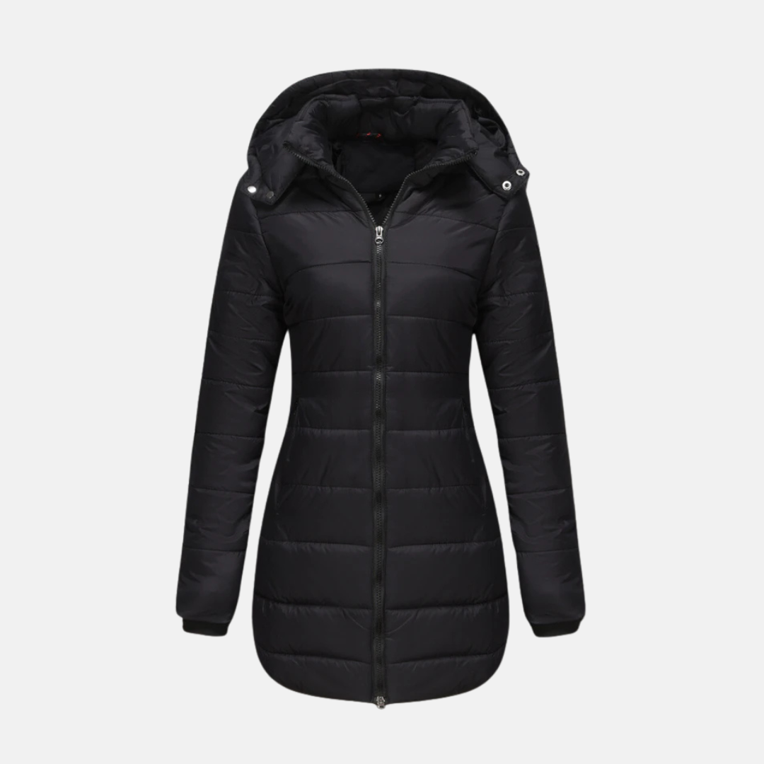 Women’s Longline Padded Coat – Quilted Insulated – Two-Way Zipper – Hooded Fit