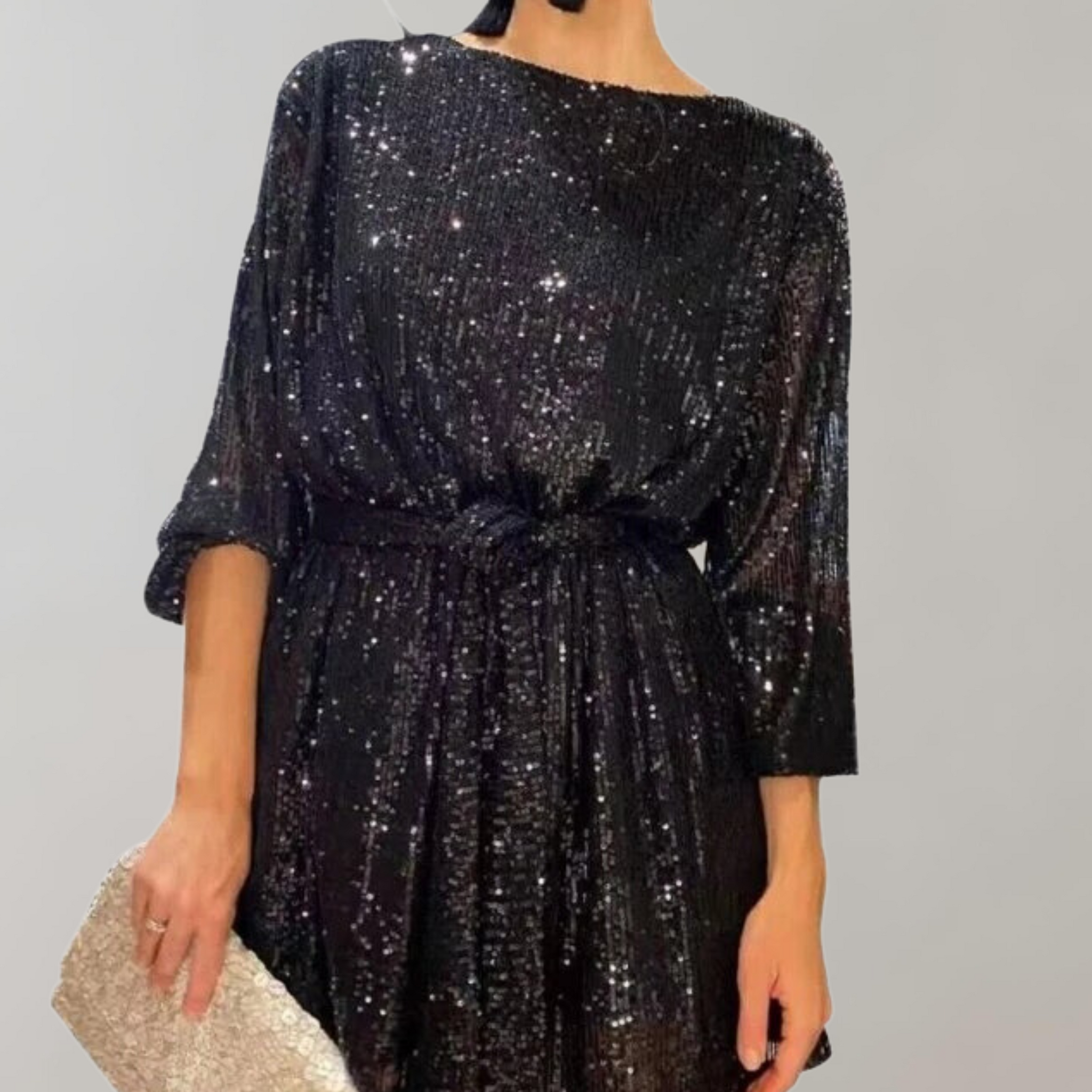 Women's Sequin Dress - Knee-Length - Three-Quarter Sleeve - Elastic Waist with Tie Belt