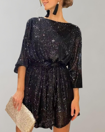 Women's Sequin Dress - Knee-Length - Three-Quarter Sleeve - Elastic Waist with Tie Belt