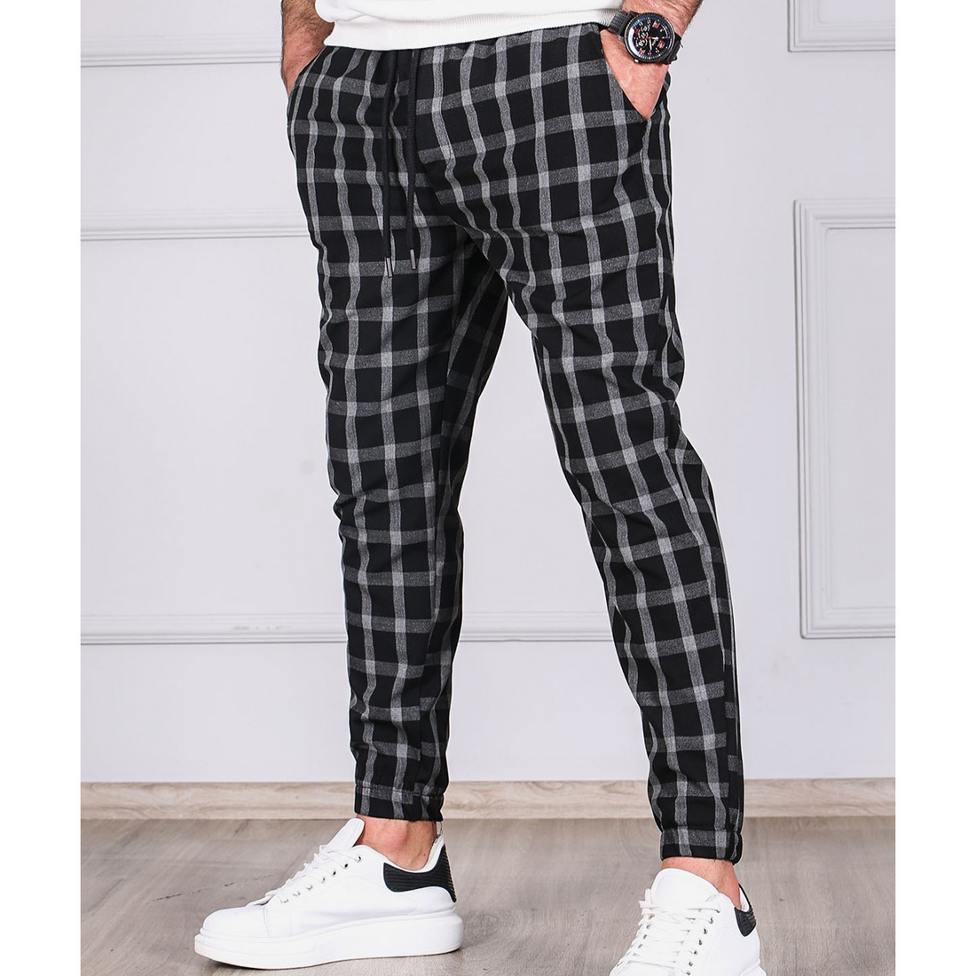 Men's plaid striped drawstring pants