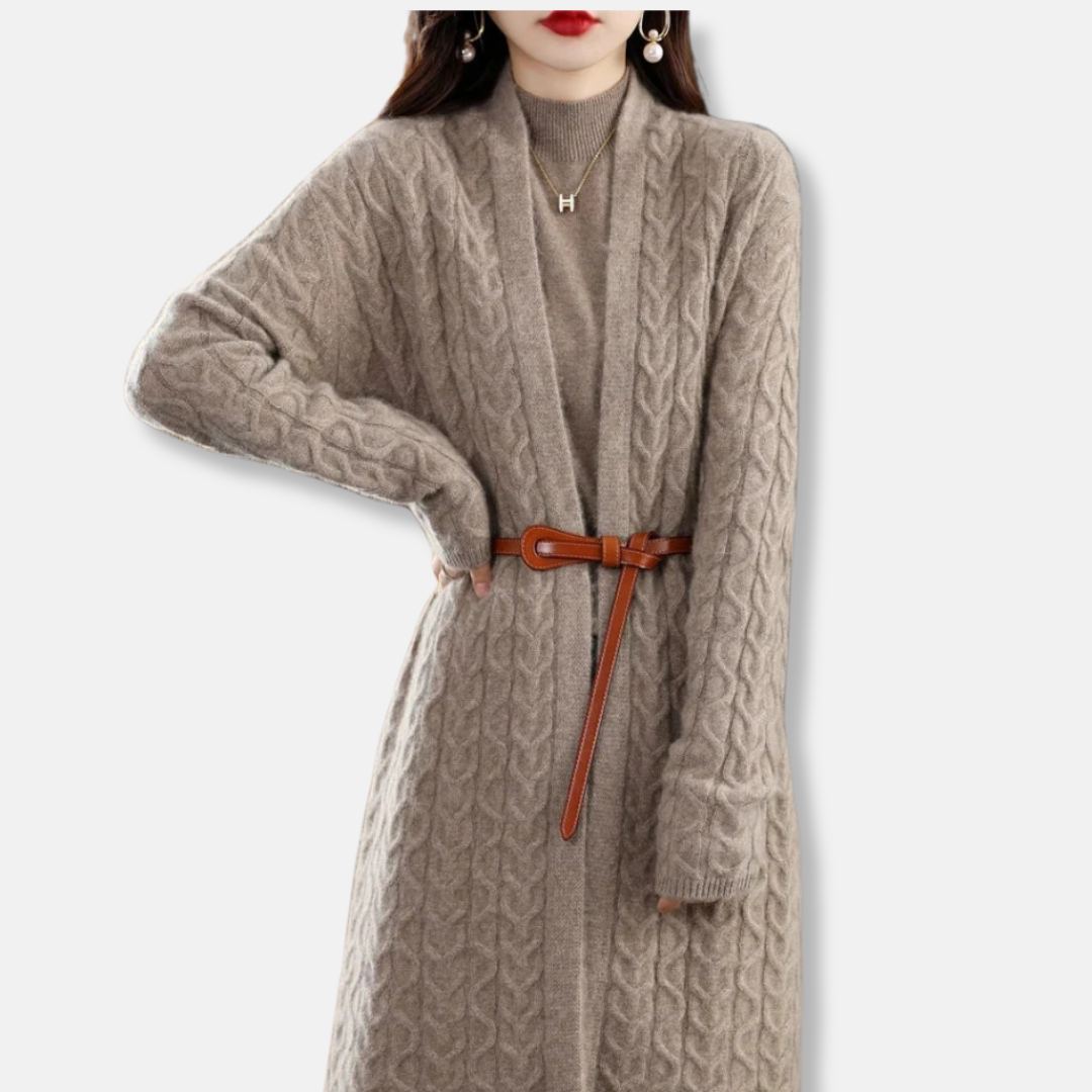 Women’s Long Cardigan – Relaxed Fit – Cable Knit Wool-Like Fabric – Belted Waist – Ribbed Cuffs