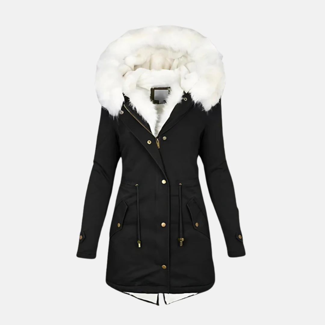 Women’s Parka Coat – Slim Fit – Faux Fur Hood – Wind Resistant – Mid Length