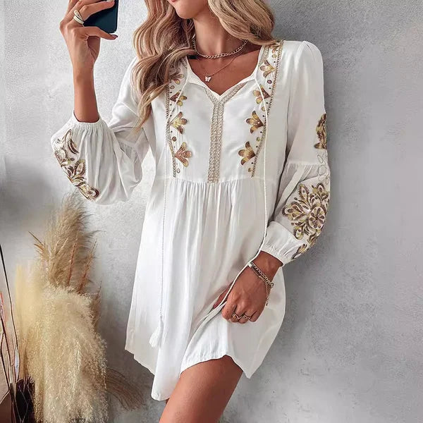 Women's Embroidered Dress - Long Sleeve V-Neck - Relaxed Fit Flowy Casual Wear