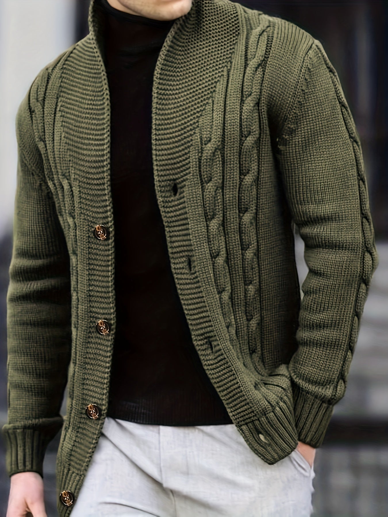 Solid rib knit long sleeve button up cardigan for men