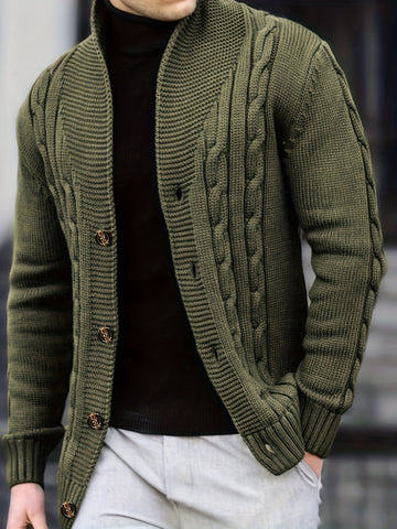 Solid rib knit long sleeve button up cardigan for men