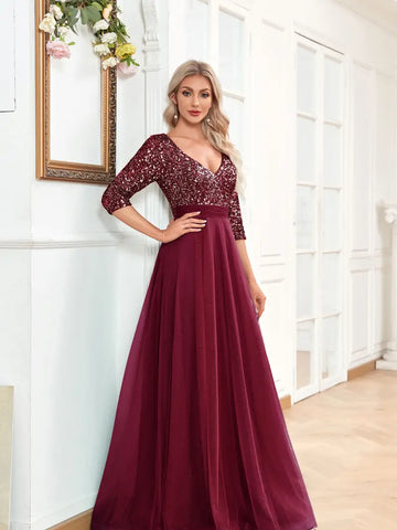 Women’s Evening Gown - Sequin Bodice - V-Neck - Three-Quarter Sleeves - Flowing A-Line Skirt