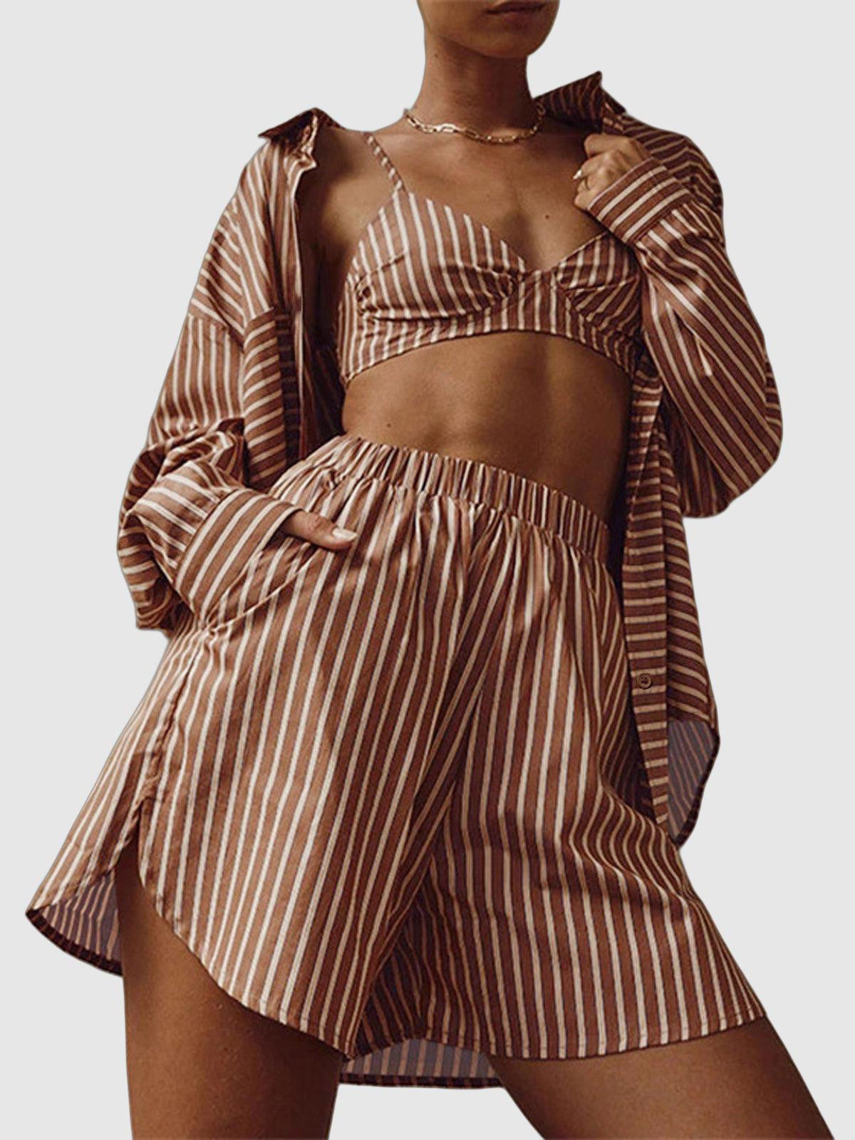 Ria - stripe three piece shorts set