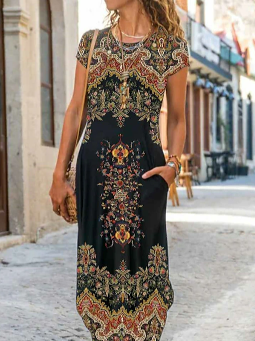 Women's Maxi Dress - Bohemian Paisley Floral - Short Sleeve Relaxed Fit Round Neck