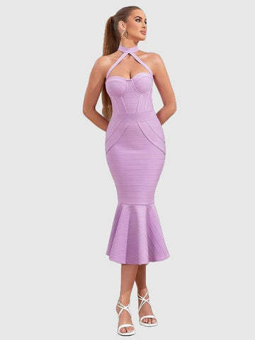 Women's Bandage Dress - Halter Neck - Corset Bodice - Mermaid Midi-Length Elegant Fit