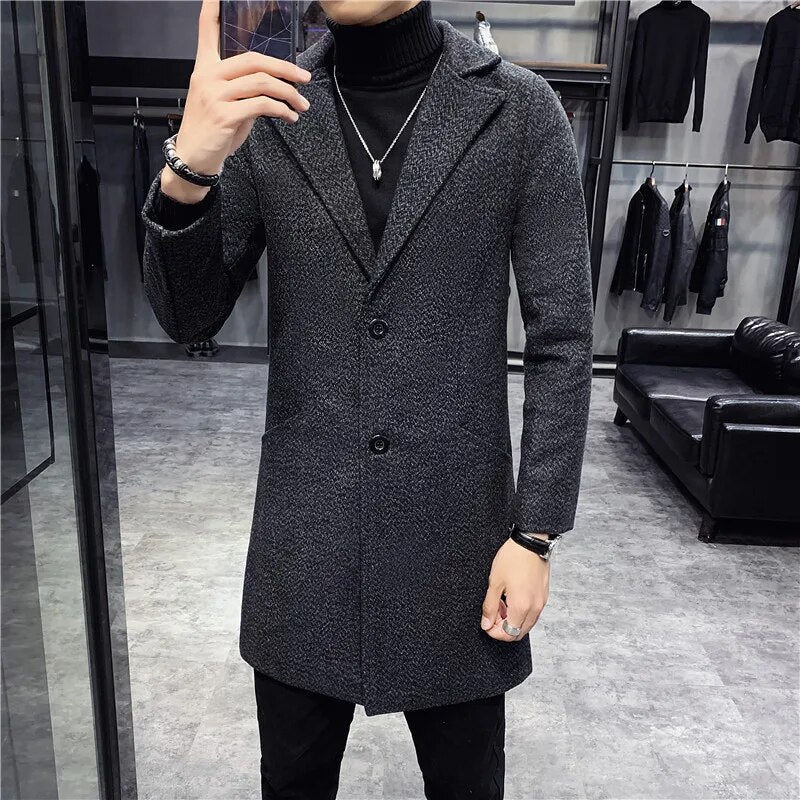 Men's grey tweed long coat for classic sophistication