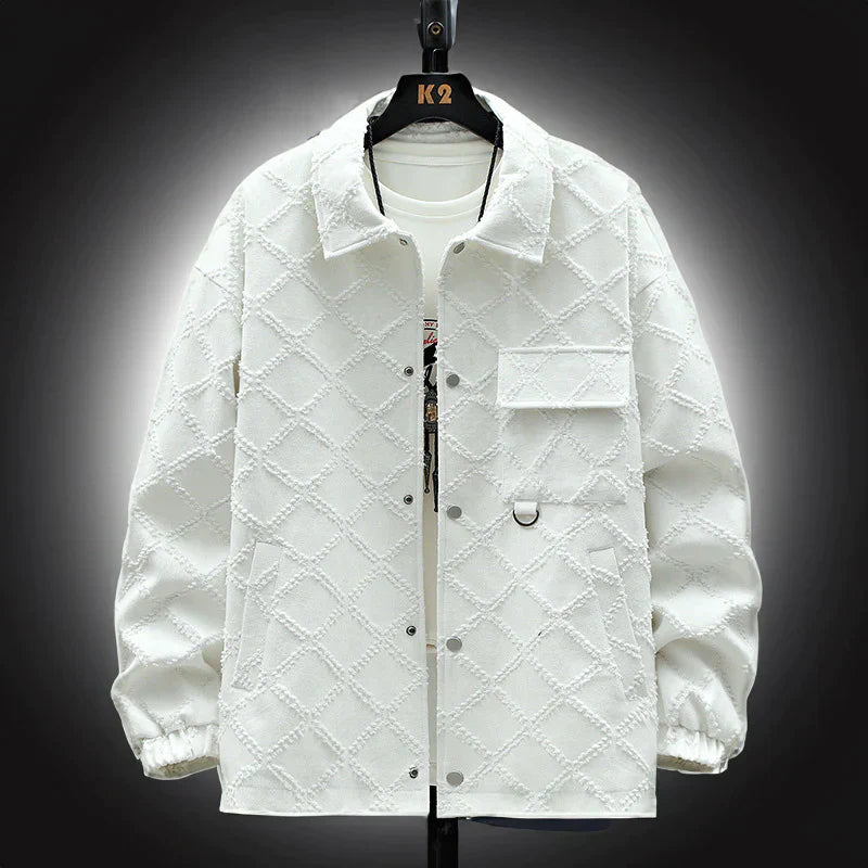 Men's textured white snap-button jacket for refined street style