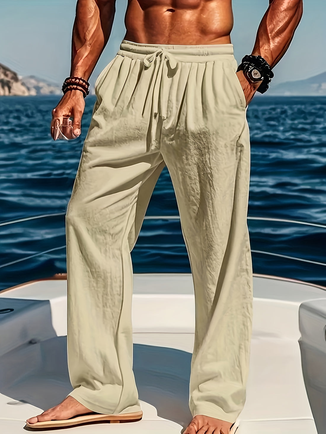 Cotton blend drawstring pants straight leg for men