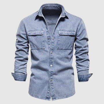 Men's button-down denim shirt with patch pockets