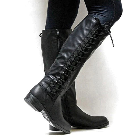 Women’s Knee-High Boots – Lace-Up Front – Side Zipper – Flat Sole – Sleek Fit