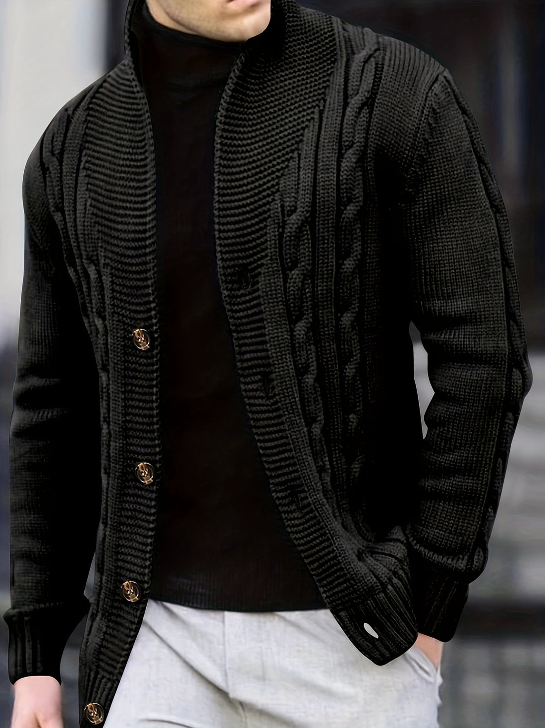 Solid rib knit long sleeve button up cardigan for men