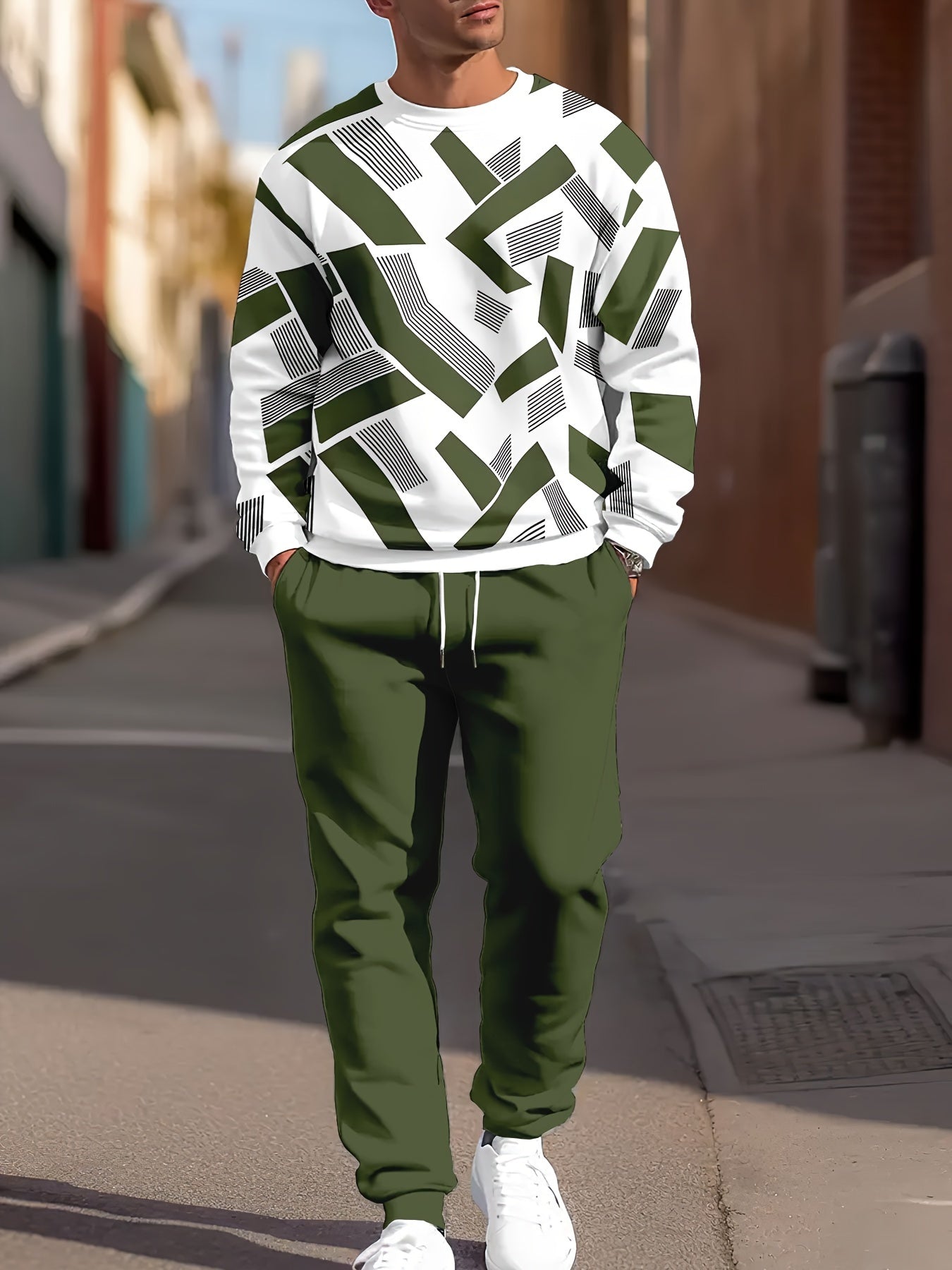 Plus size geometric stripe sweat suit men casual set