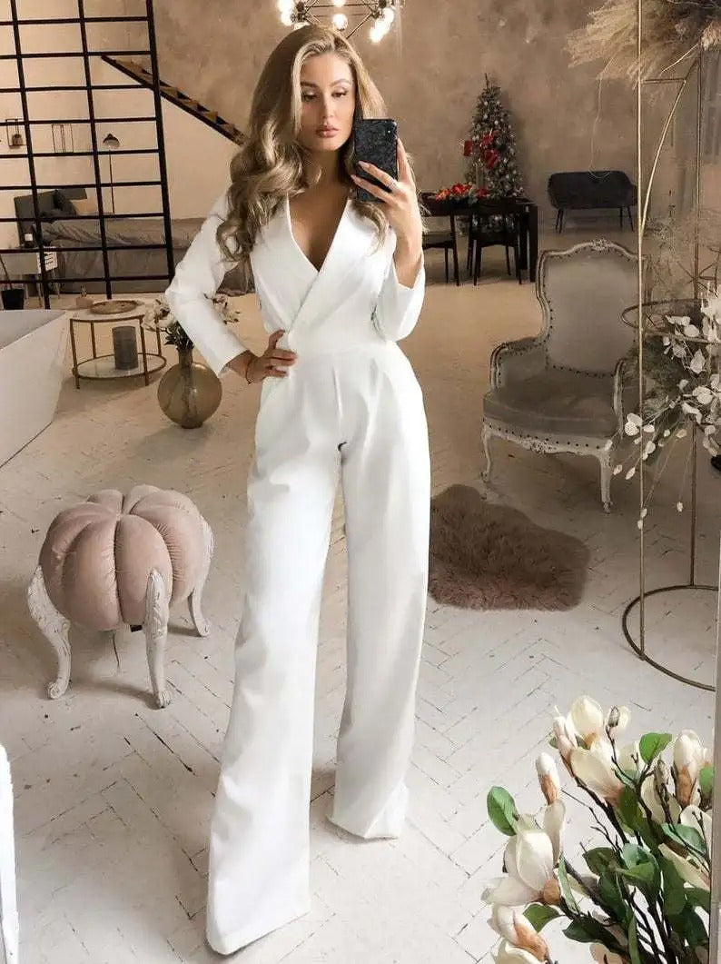 Women's Elegant Business Jumpsuit – Formal Long Sleeve One-Piece Outfit