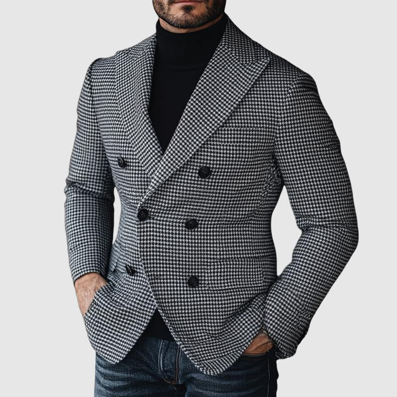 Men’s Double-Breasted Blazer – Houndstooth Pattern – Slim Fit – Peak Lapels – Formal Wear