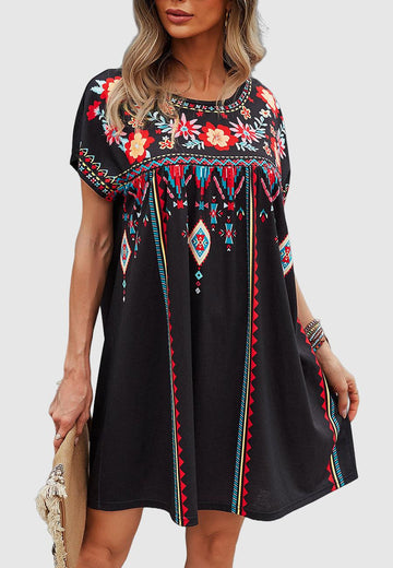 Women's Embroidered Midi Dress - Short Sleeve - Boho Casual Loose Fit