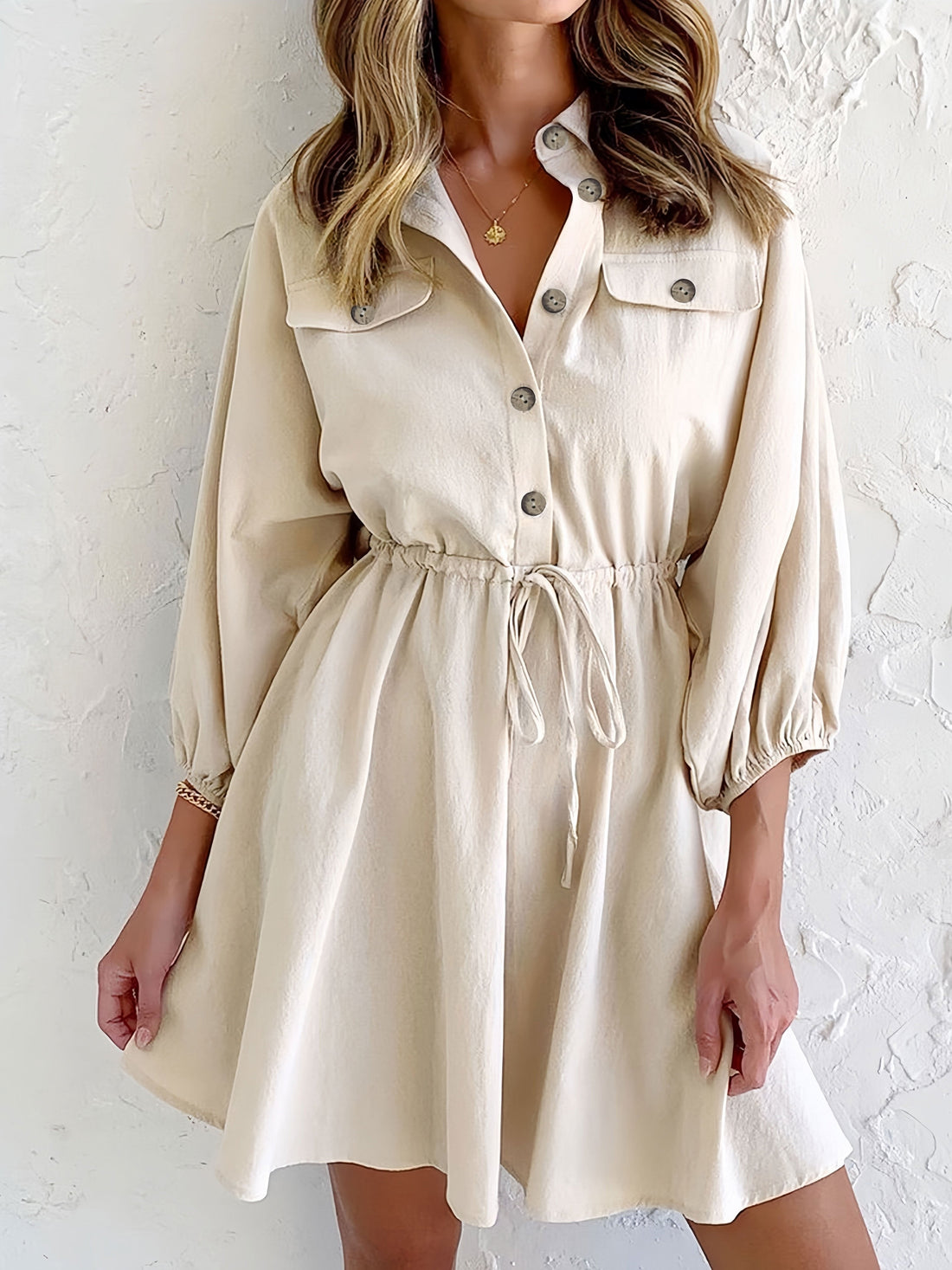 Women's Shirtdress - Button-Down Collared - Long Balloon Sleeves - Elastic Waist Mini Dress