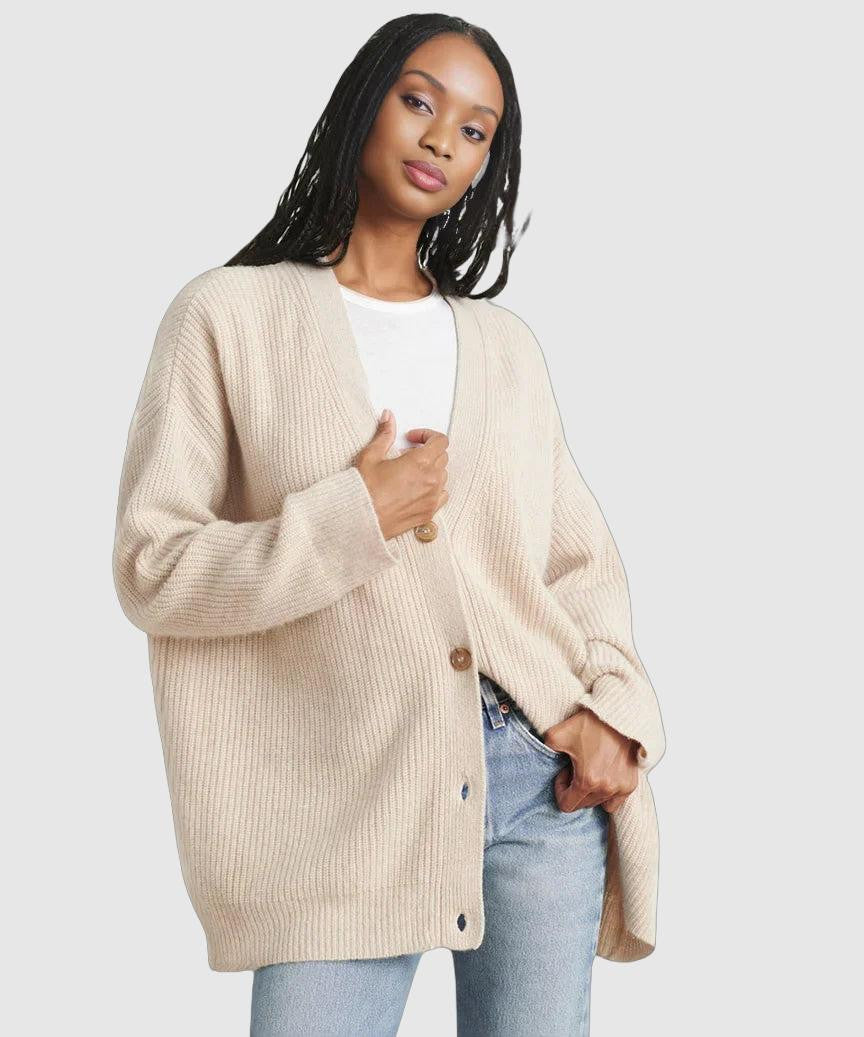 Casual loose fit cardigan sweater with stand collar for women