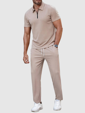 Half zip lapel shirt and drawstring pants set for men