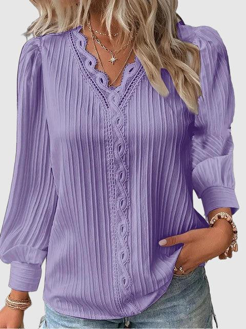 Women's Pleated Blouse - Lace Detailing - V-Neck - Long Puff Sleeves - Relaxed Fit