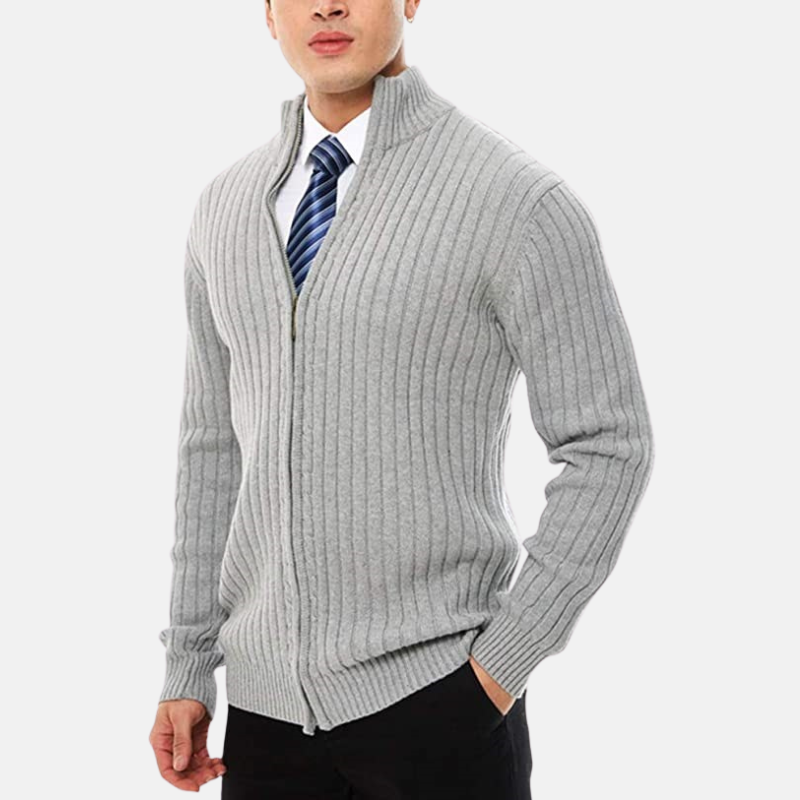 Men’s Cardigan - Ribbed Knit - Stand Collar - Full Zip