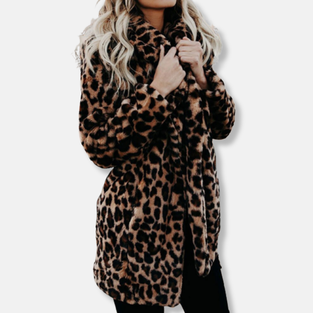 Isabella Fleece Leopard Print Coat | Collared Relaxed Fit Coat