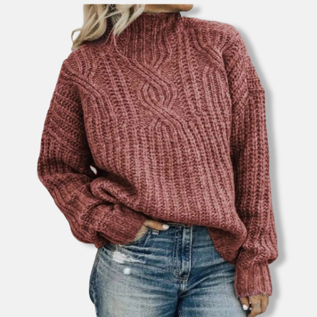 Women’s Pullover Sweater – Wool Cable Knit – High Neck – Relaxed Oversized Fit