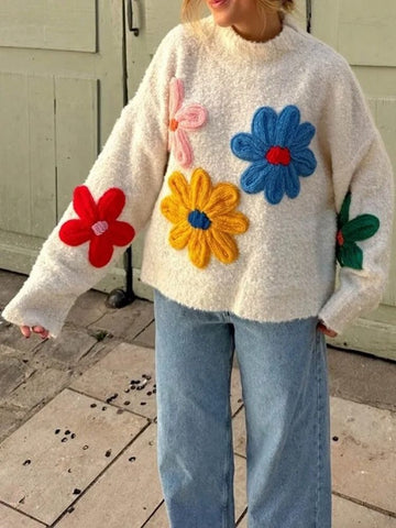 Women's cozy floral applique knit sweater