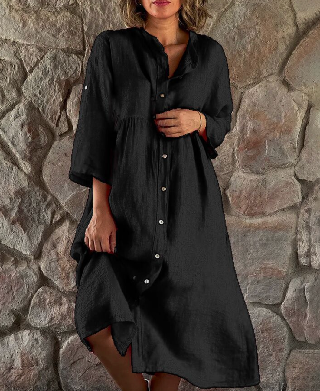 Women's Shirt Dress - Lightweight Linen Blend - Button-Down - Three-Quarter Roll-Up Sleeves - Mandarin Collar - Loose Fit Casual Wear