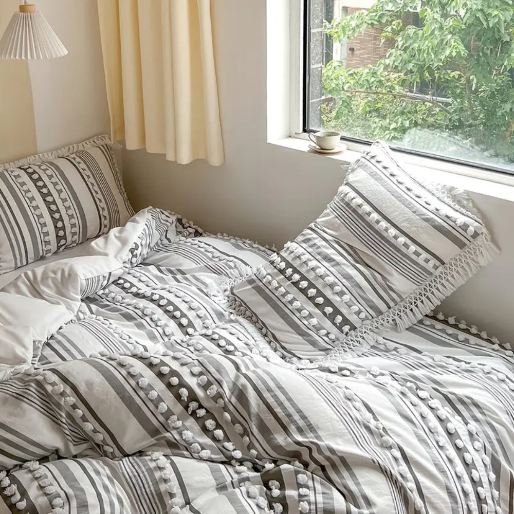 Cotton Striped Tassel Duvet Cover