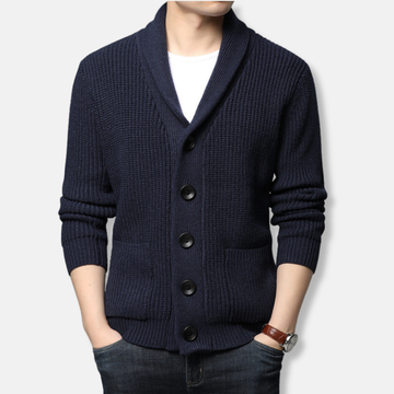 Men’s Cardigan Sweater - Ribbed Knit Blend - Shawl Collar - Button Front