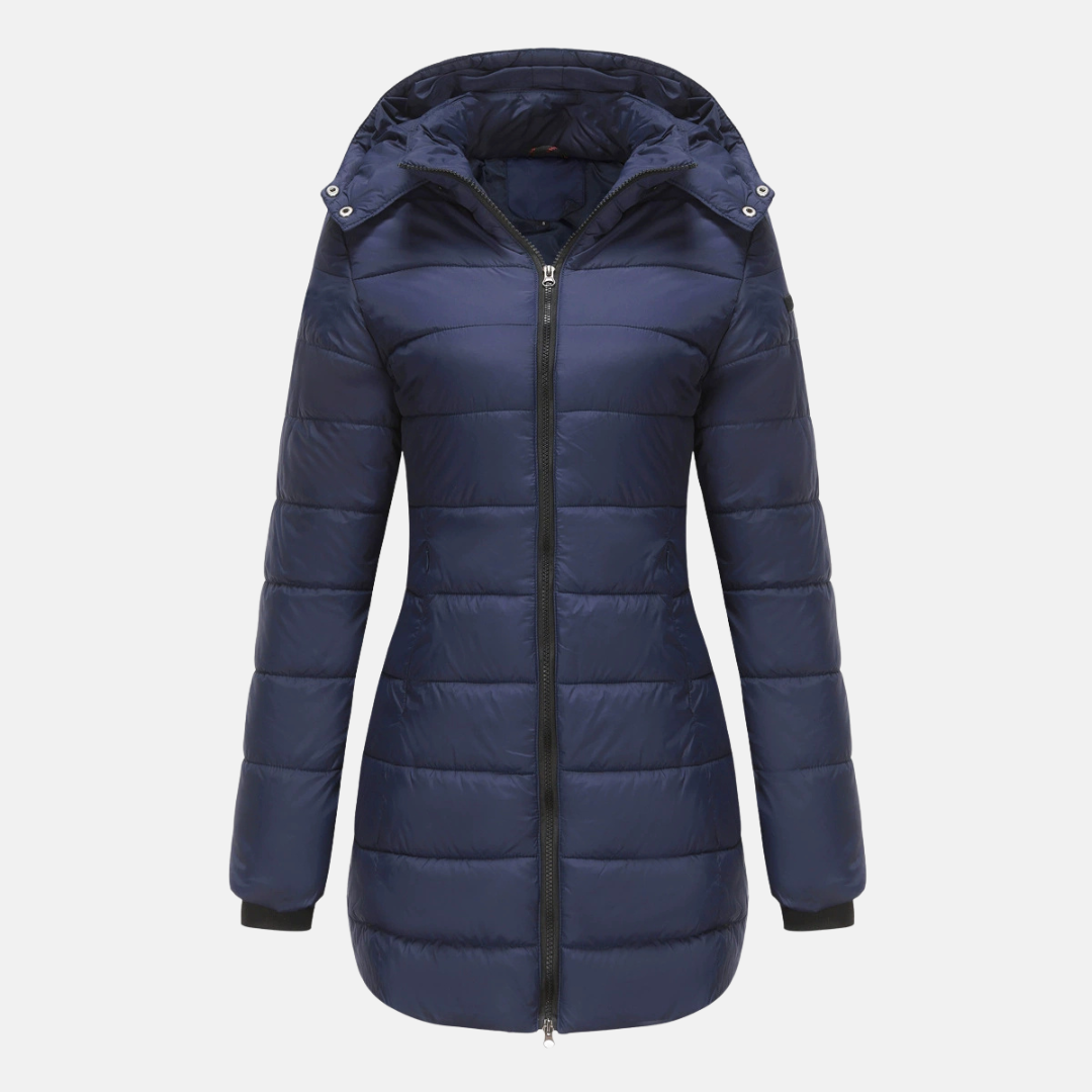 Women’s Puffer Jacket – Quilted Insulated Padding – Detachable Hood – Mid-Length Fit