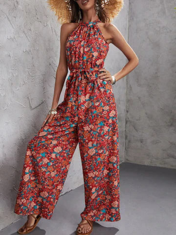 Women’s Jumpsuit – Floral Print – Halter Neck – Tie Waist – Wide Leg – Cotton Blend