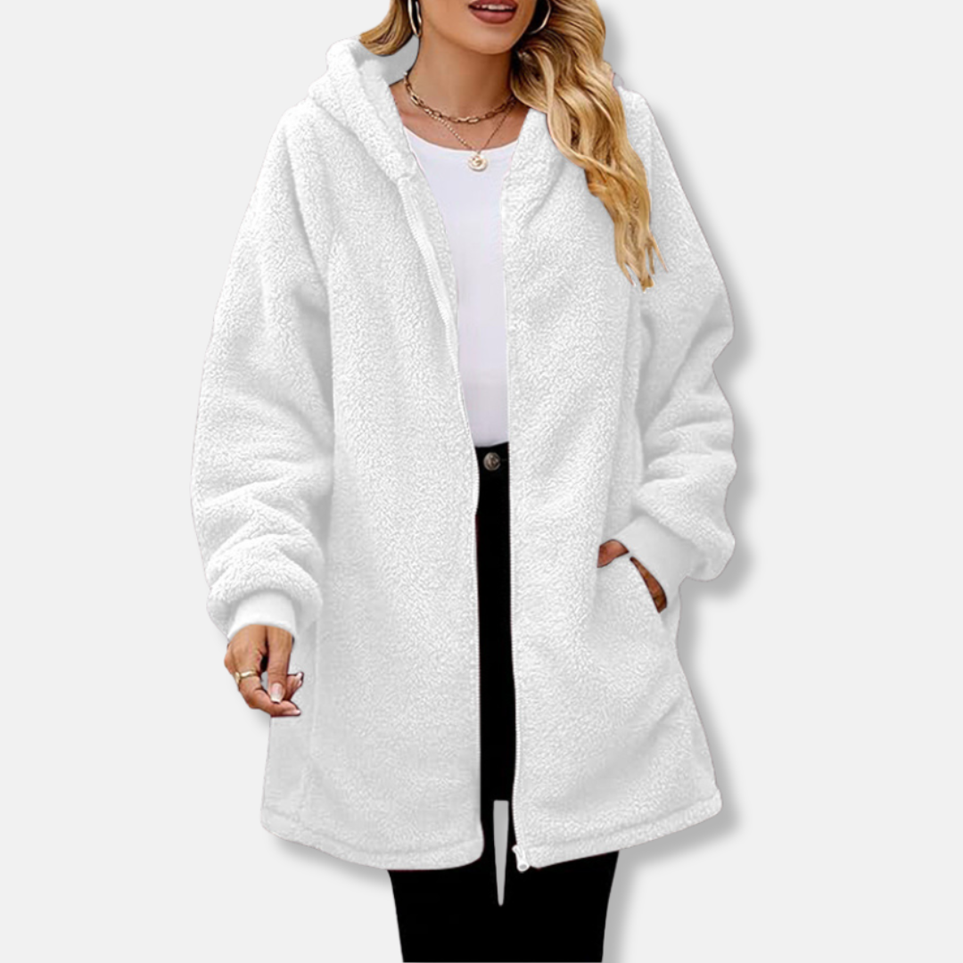 Women’s Hooded Jacket – Plush Fleece – Oversized Fit – Zipper Front – Ribbed Cuffs