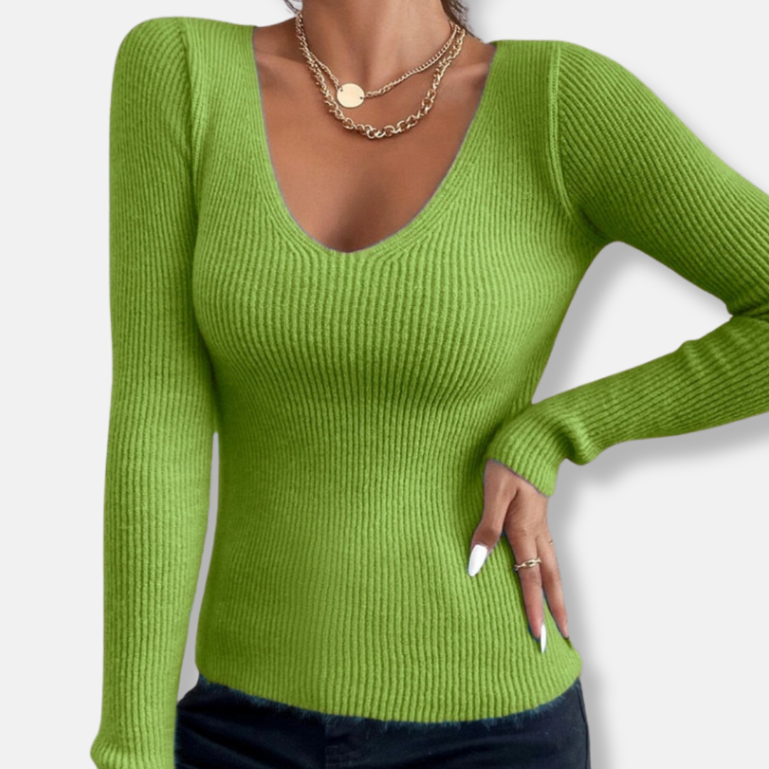 Amelia Slim Fit Ribbed Knit Top | Deep V-Neck Long Sleeve Top