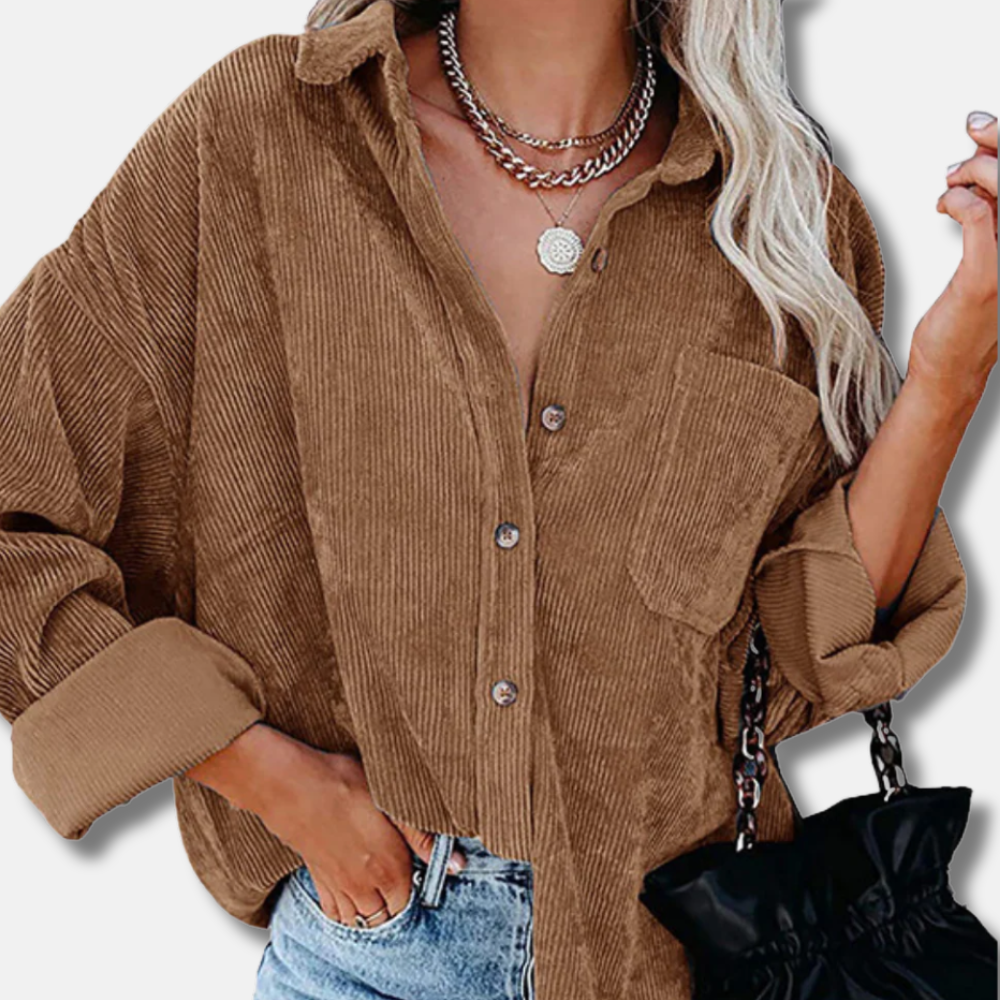 Women’s Corduroy Shirt – Oversized Fit – Button-Up Front – Ribbed Texture – Hip Length