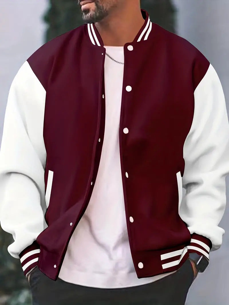 Men’s Varsity Jacket - Wool Blend Body - Snap Button Closure - Ribbed Collar & Cuffs