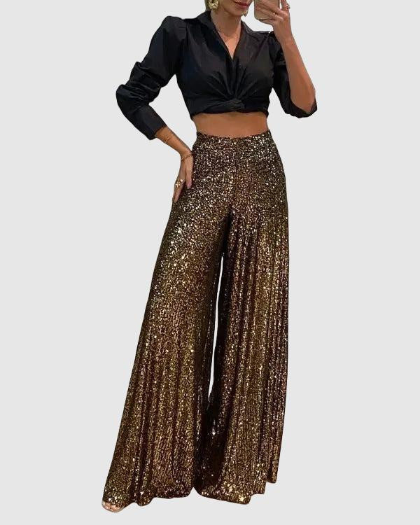 Women's Wide-Leg Pants - High Waist - Sequin Embellished - Flowy Glamorous Fit