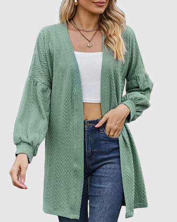 Women's Open-Front Cardigan - Textured Fabric - Long Voluminous Sleeves - Mid-Thigh Length