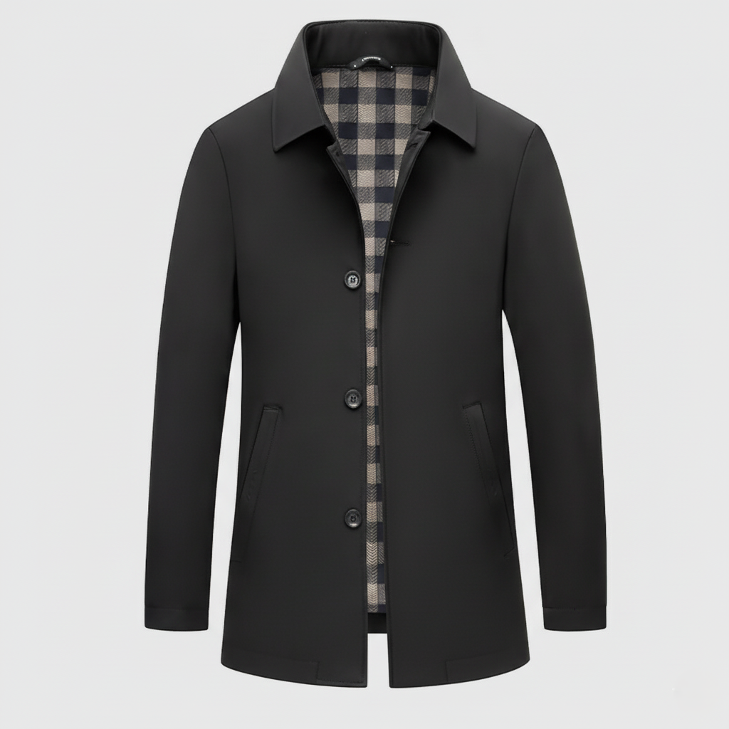 Men’s Mid-Length Jacket – Slim to Regular Fit – Pointed Lapel – Plaid Lined – Button Front