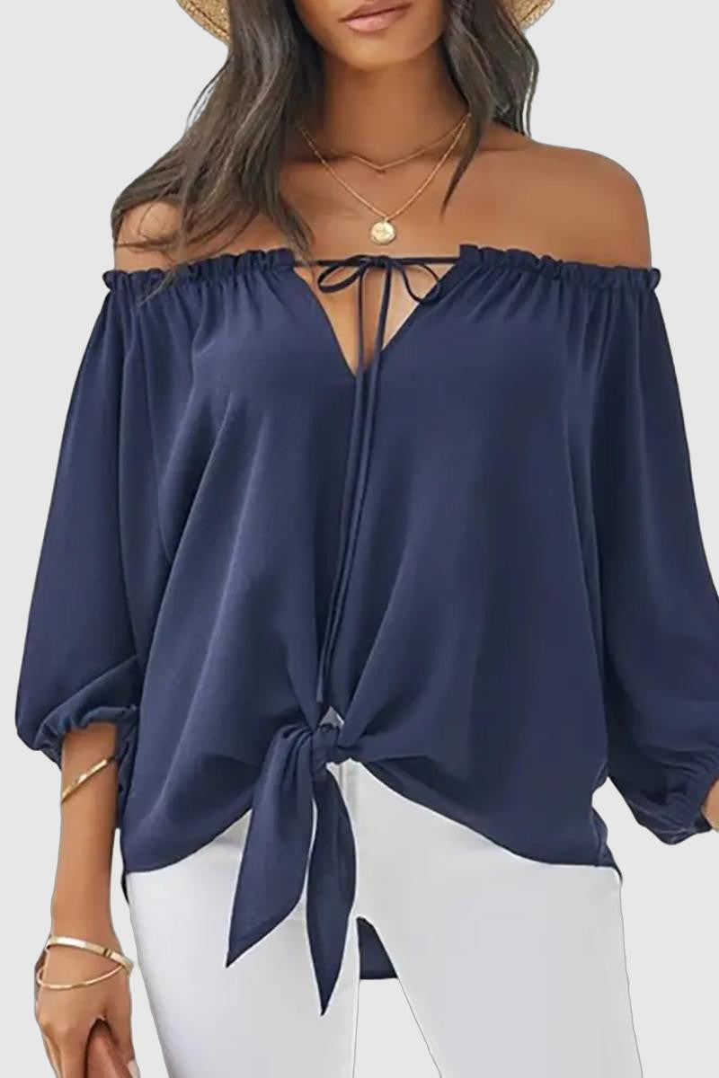 Candace- 3/4 sleeve front tie off shoulder top