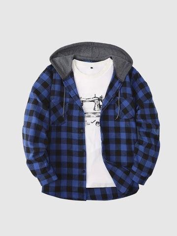 Plaid hooded men button up shirt jacket