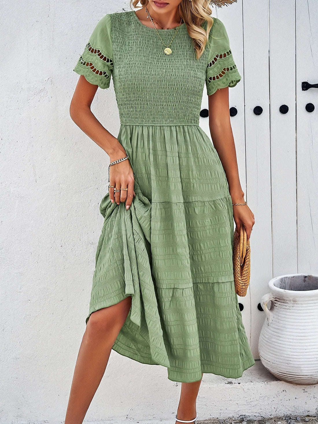 Women's Midi Dress - Smocked Bodice - Short Lace Sleeve - Tiered Flowy Skirt