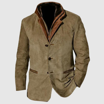 Men's Suede Sports Jacket - Tailored Fit - Leather Collar - Button-Up Classic Design